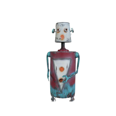 This is Mason, a colourful character from our Robot Range. At a height of 89 cm, he's bound to be a point of conversation in any room- maybe your hallway. 
Made from metal and purposely a bit on the wobbly side!!