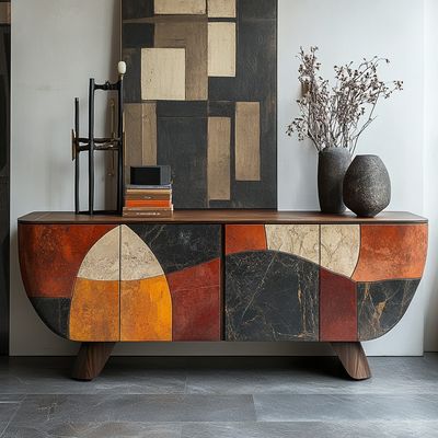 The ideal statement piece for any contemporary setting.  It is both furniture and art, crafted with quality mango and walnut woods, leather and boucle in a uniquely flamboyant, yet tasteful style. 
It has been crafted by hand and truly worth every penny.
Length 130 cm Height 80 cm
