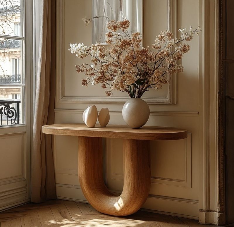 Adroit Oak Finish Console Table The Adroit Console Table is a craftsman-made wall table unit of the very highest quality. It is simply for those who put quality above all other considerations, and will be appreciated as such at a glance.
Made from mango wood, boucle fabric and leather, and with an oak effect finish, this table is an article of beauty.
H80 x W90 x D 30 cm