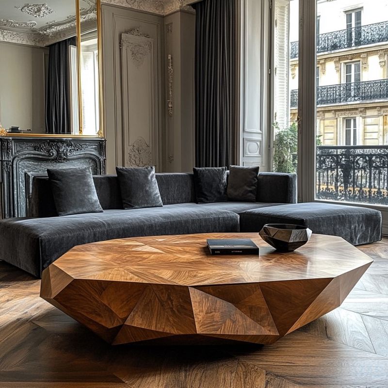 If you are looking for the wow factor, look no further.
This geometric coffee table will steal the show in any situation 
Made from  Mango wood, it gives a stunning natural warm chestnutty feel.
Diameter 90 cm and height 40 cm. 