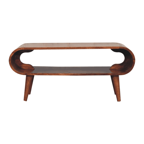 This Chorus Coffee Table has the most beautiful rounded lines and a useful space below the tabletop for magazines or books. Finished in a tasteful honey caramel. 