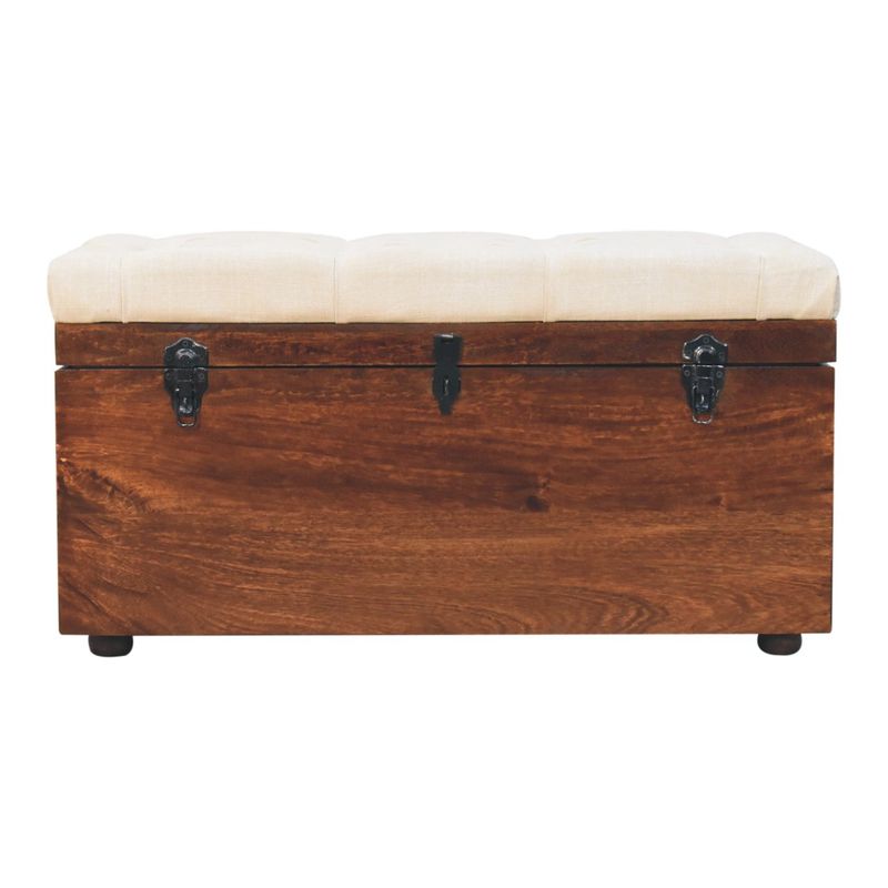 Never got enough space? This chest is so useful for storing spare bedding, towels or just about anything.
With its hinged top, it is so easy to get to anything you've stashed away, and it's so attractive in a walnut finish and padded linen top, which is also handy for sitting on to do those bedroomy things!
It is built from sturdy mango wood and crafted by hand.
90 cm wide, with a height and depth of 45 cm. 
Rear view in this image
