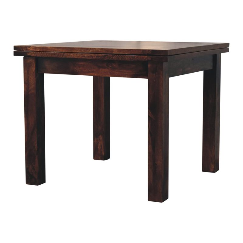 This could be just what you need. Here we have a beautifully designed table, in a California Walnut finish, which doubles in length in a couple of seconds. Crafted by hand, and built with solid mango wood, it is a sturdy table which has a 90 cm square top, but when those guests arrive, with a couple of flips of the wrist, it transforms into a 180 cm tabletop! 
Height 76 cm