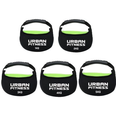 What would your home gym be without a set of kettlebells?
This set (available individually or as a complete set) has weights between 1kg and 5 kg and are fabric giving a soft grip.
