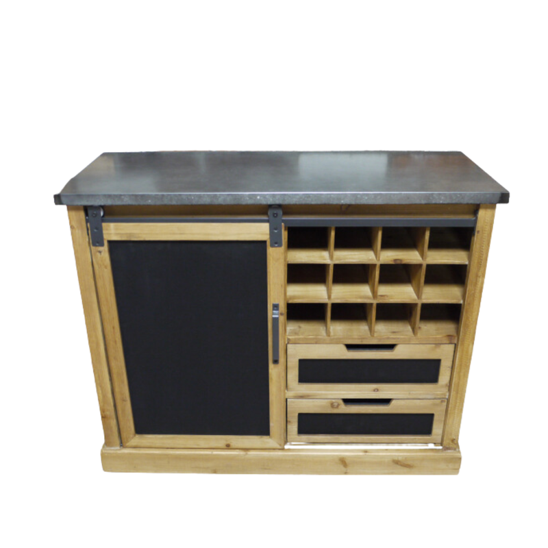 An ideal addition to any home or to a restaurant/ cafe. Our Chablis has a metal working surface, wine rack compartments, two useful drawers and when the sliding door is slid over, it reveals racks for wine glasses and a cupboard area for more bottles, cans or any other needs you have for supplies. 
Height 82 x Width 101 x Depth 40 cm.