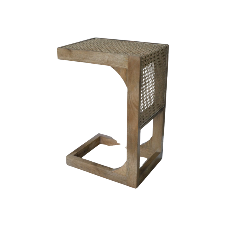 An extremely versatile table, so designed as a standalone table, or to be used as a table to be used with a chair, sofa or over a bed. Height 60 cm.
Made from Acacia wood and a rattan rear panel
