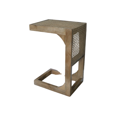 An extremely versatile table, so designed as a standalone table, or to be used as a table to be used with a chair, sofa or over a bed. Height 60 cm.
Made from Acacia wood and a rattan rear panel