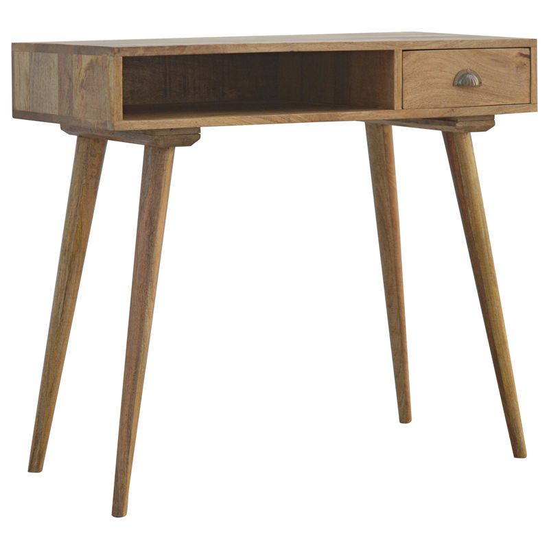 Beautiful wood writing desk made from solid mango wood and finished with an oak effect. Has one side drawer and a handy shelf too. 
Front / Side view