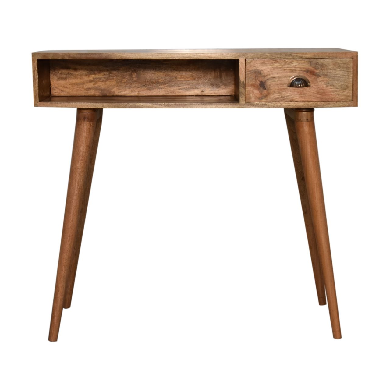 Beautiful wood writing desk made from solid mango wood and finished with an oak effect. Has one side drawer and a handy shelf too. 
Front view