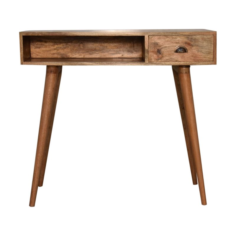 Beautiful wood writing desk made from solid mango wood and finished with an oak effect. Has one side drawer and a handy shelf too. 
Front view