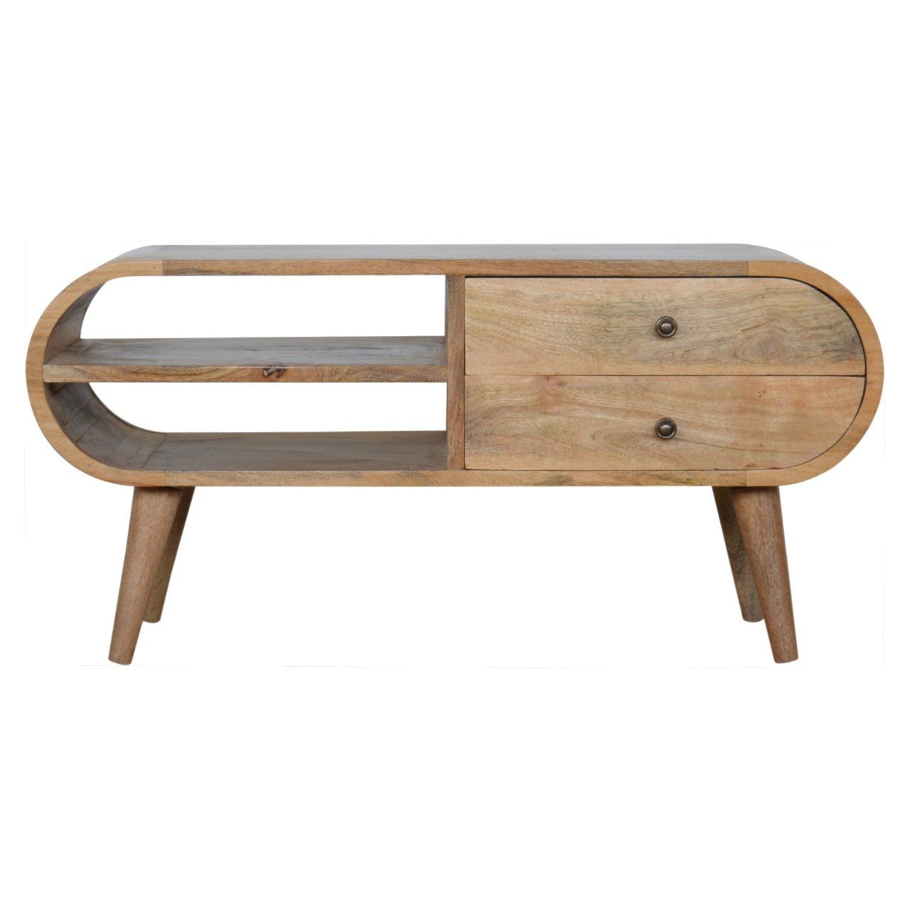 Scandinavian style media with two drawers and two shelves. Just right for keeping all your audio equipment together from phone, mp4, radio, receiver, and even a tb on top if you wish. 
Solid mango wood with an oak effect finish.
Front view here. 