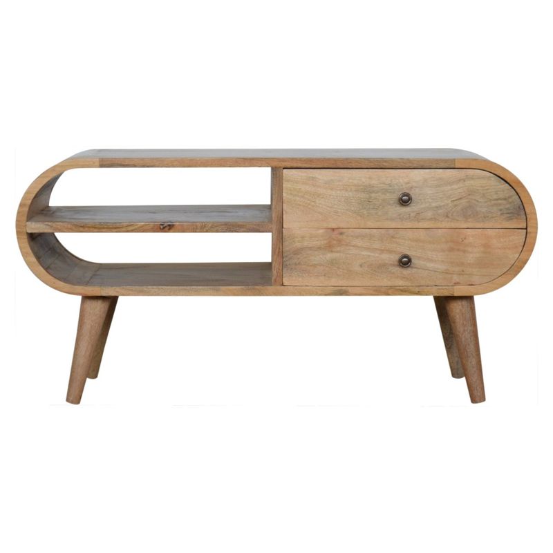 Scandinavian style media with two drawers and two shelves. Just right for keeping all your audio equipment together from phone, mp4, radio, receiver, and even a tb on top if you wish. 
Solid mango wood with an oak effect finish.
Front view here. 