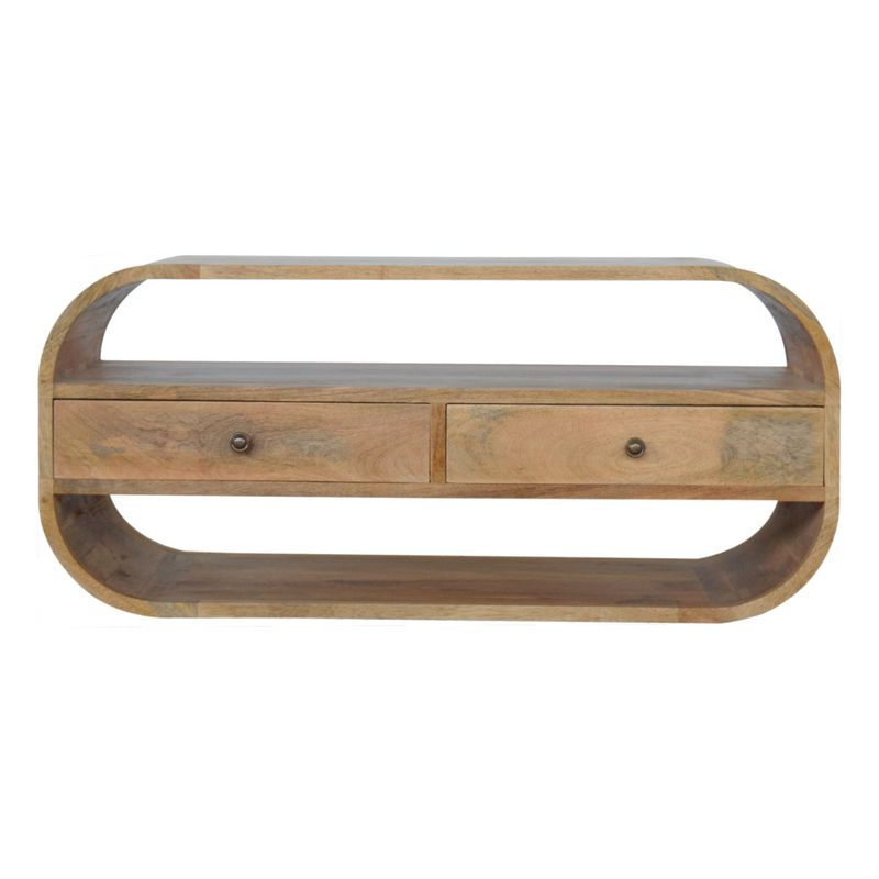 A Scandinavian style unit with a rounded carcass and two useful drawers, forming a handy shelf both above and below them. Crafted by hand from Mango wood, and finished with an oak effect.
Front view picture.