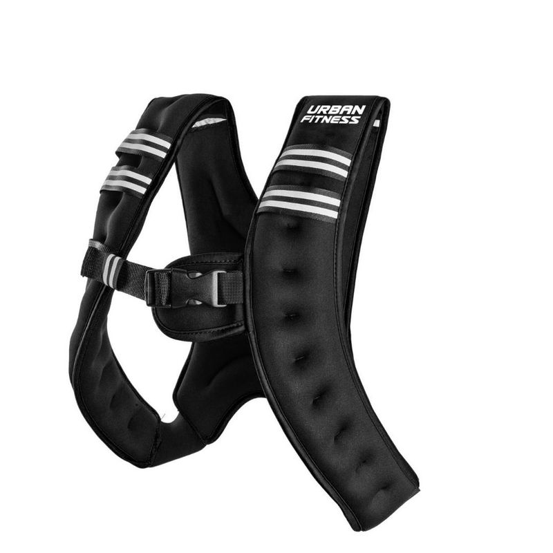 This Urban Fitness X Shape Vest is weighted and available in 3, 5, 8 and 10kg options. The vest gives added resistance to your runs but reduces body strain by distributing weight over your torso.
Image shows the front view .