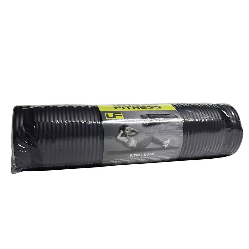 This NBR fitness mat is ideal for yoga, pilates and general work outs. It rolls up for easy transportation and this image shows it fully rolled. It comes in a plain black colour and the material is easy to wipe clean.