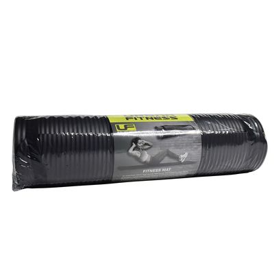 This NBR fitness mat is ideal for yoga, pilates and general work outs. It rolls up for easy transportation and this image shows it fully rolled. It comes in a plain black colour and the material is easy to wipe clean.