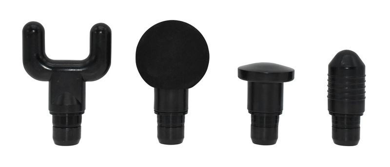 Rechargeable Massage Gun giving 2-3 hours massaging with a single charge. Small size so easy to tuck away, and 4 different heads for a variety of massage techniques. Charges via USB socket. Image shows two heads.