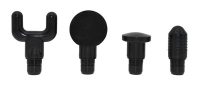 Rechargeable Massage Gun giving 2-3 hours massaging with a single charge. Small size so easy to tuck away, and 4 different heads for a variety of massage techniques. Charges via USB socket. Image shows two heads.