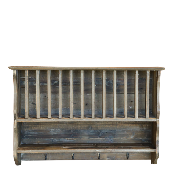 Cuisine Plate Rack.
Recycled natural finish wooded wall mounted plate rack with four hooks.