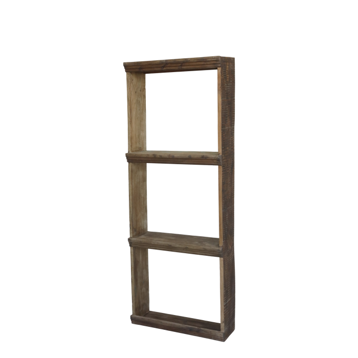 Grimaud Display Shelving Unit small.
Made in Dark Recycled Aged Wood.
Set as a Rectangle making three Square display spaces.
