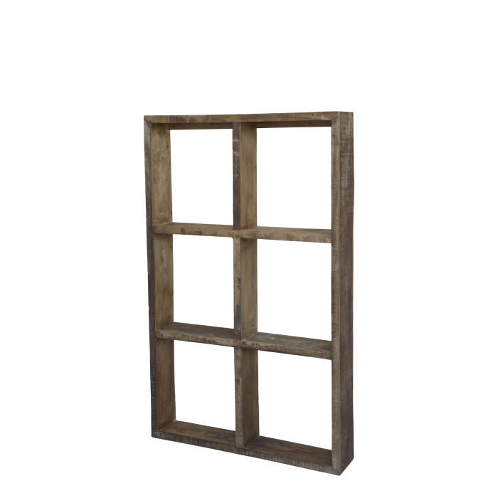 Grimaud Display Shelving Unit large.
Made in Dark Recycled Aged Wood.
Set as a Rectangle making Six Square display spaces.