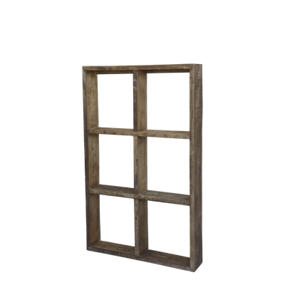 Grimaud Display Shelving Unit large.
Made in Dark Recycled Aged Wood.
Set as a Rectangle making Six Square display spaces.