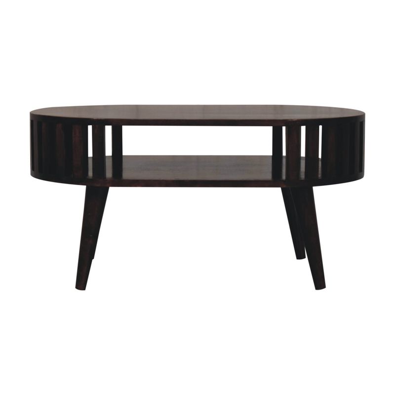 This is the front view of this hand crafted Bishopsgate Coffee Table - a table that is not only useful but also looks luxurious and contemporary. It is built from solid mango wood, and finished in California Walnut colouring adding that touch of extravagance. Dimensions H 40 x W 80 x D 50 cm.