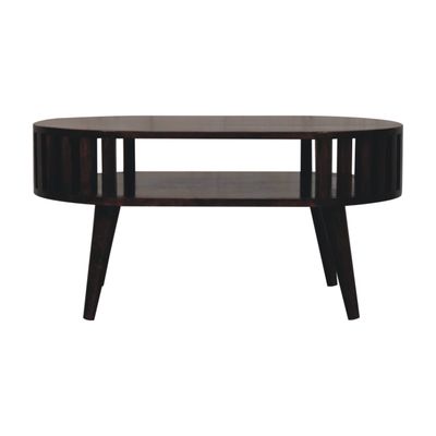 This is the front view of this hand crafted Bishopsgate Coffee Table - a table that is not only useful but also looks luxurious and contemporary. It is built from solid mango wood, and finished in California Walnut colouring adding that touch of extravagance. Dimensions H 40 x W 80 x D 50 cm.
