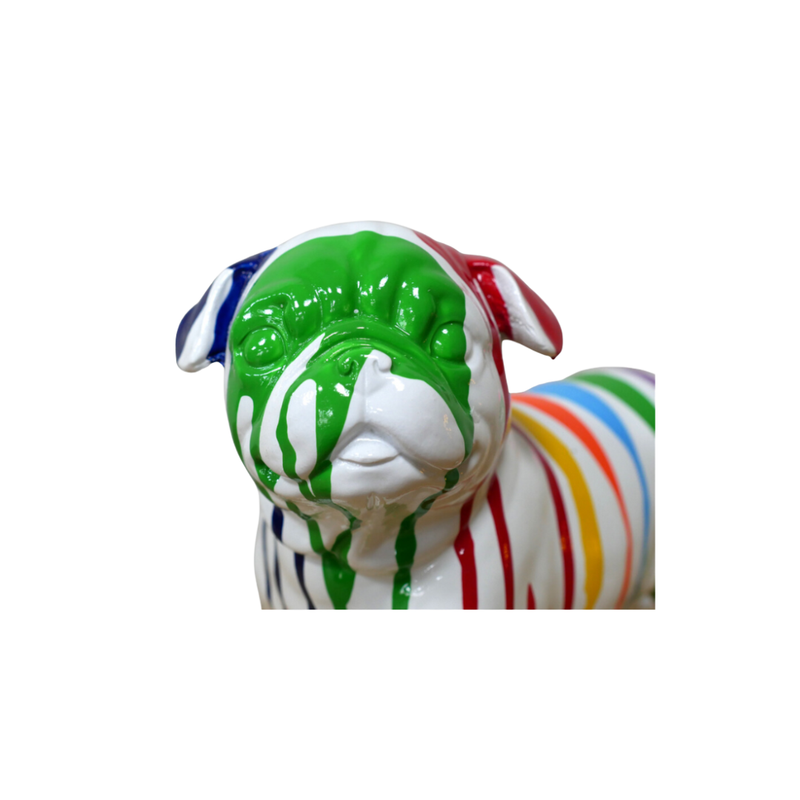 Front face view.
A lovely resin cast boxer dog in perfect clear white, with dripping paint stripes in a myriad of colours. 
Full view of dog standing on a shelf.