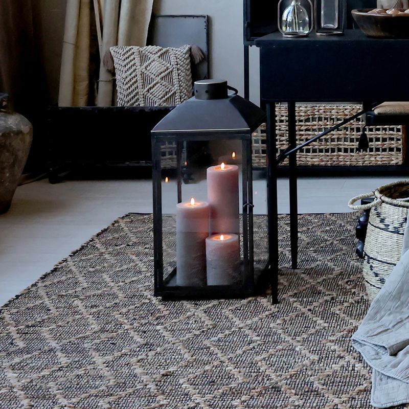 Natural, Black and Cream Rectangular Jute Diamond Pattern.
Lifestyle image dressed with lantern and candles