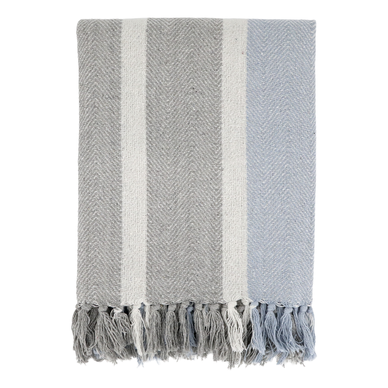 Chic Throw with French Grey and Sky Blue Stripes with Fringing