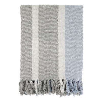 Chic Throw with French Grey and Sky Blue Stripes with Fringing