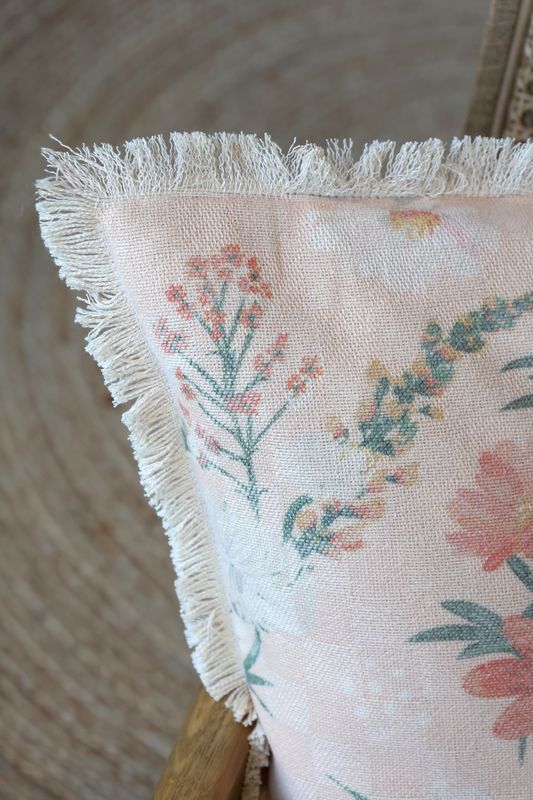 Chic Square Cushion Floral - Fringed Pink, Peach Floral