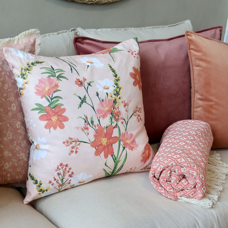 Chic Square Cushion with Floral Pattern
Pinks, Taupe, Peach
Selection of Cushions set on sofa