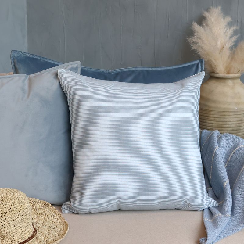 Chic Cushion on Sky Blue and White Milk Boy Stripes
Image: paired and set on cream sofa