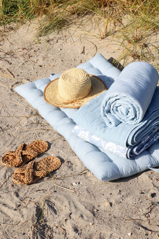 Chic Quilt in Sky Blue and White Large Floral Pattern
Image:  On Beach with Blue Throws Rolled.