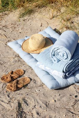 Chic Quilt in Sky Blue and White Large Floral Pattern
Image:  On Beach with Blue Throws Rolled.