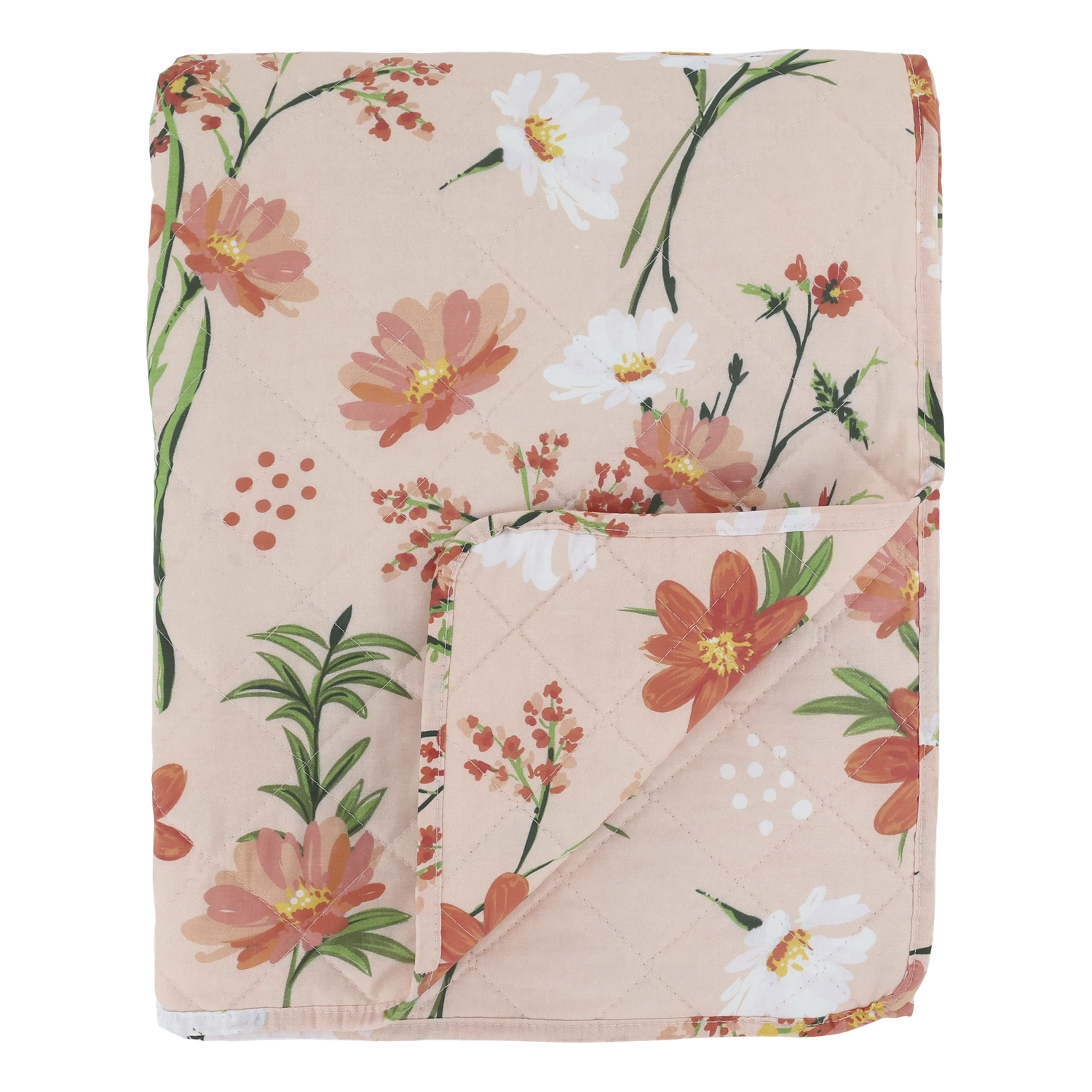 Chic Quilt with Peach Flowers on Pale Rose Background