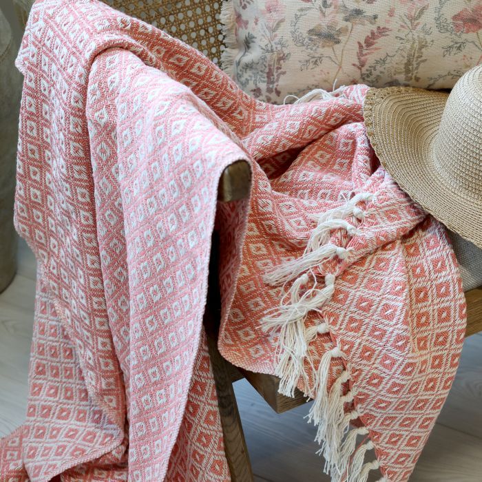 Chic Throw Raspberry
Harlequin Raspberry / Cream Pattern. Cream Tassels.
Image: Draped over an arm of a chair