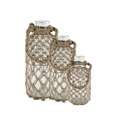 Set of Three Glass Bottles encased in a rope patterned weave bottle holders with rope handle