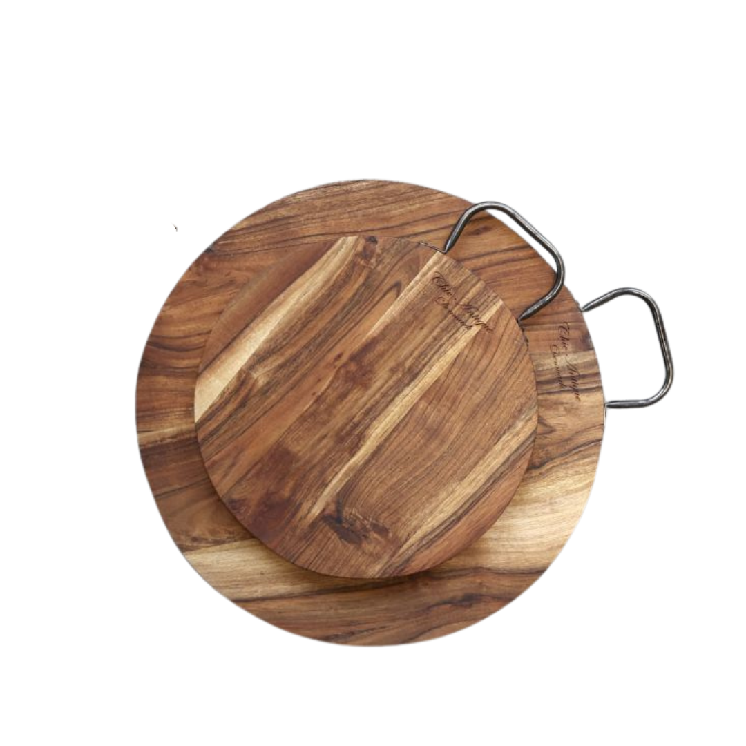 Acacia and Mango Wood Beautiful Wood Circular Choipping Boards with a Metal Handle
Two small and large stacked on top of each other
