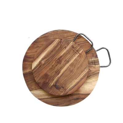 Acacia and Mango Wood Beautiful Wood Circular Choipping Boards with a Metal Handle
Two small and large stacked on top of each other
