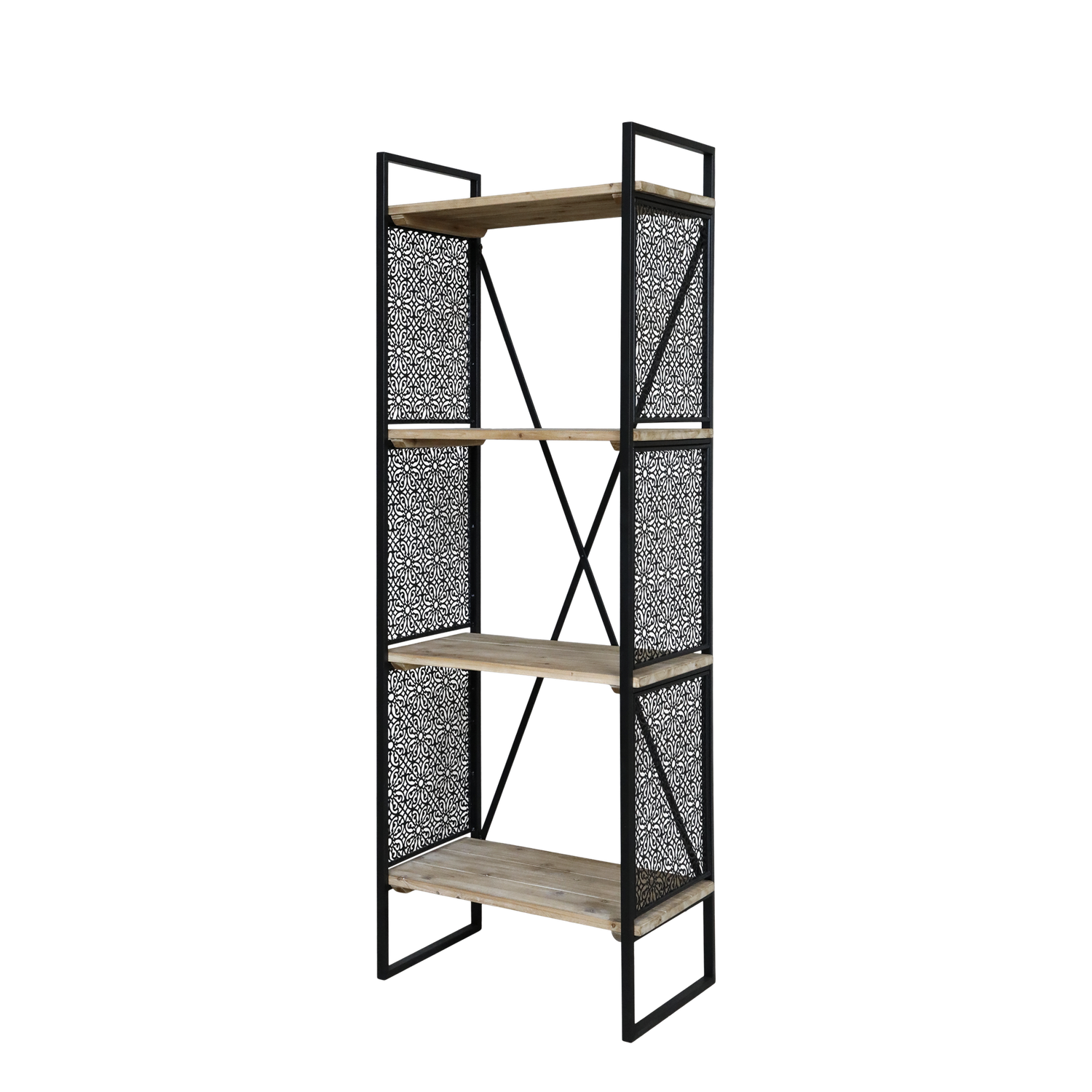 Contemporary four shelf display unit with decorative side panels