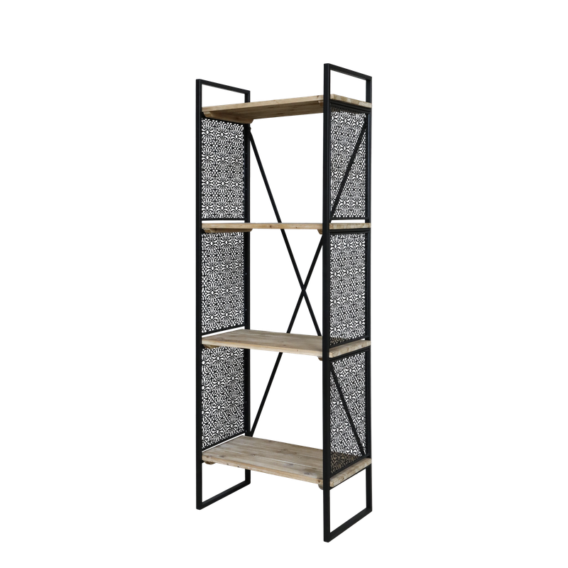 Contemporary four shelf display unit with decorative side panels
