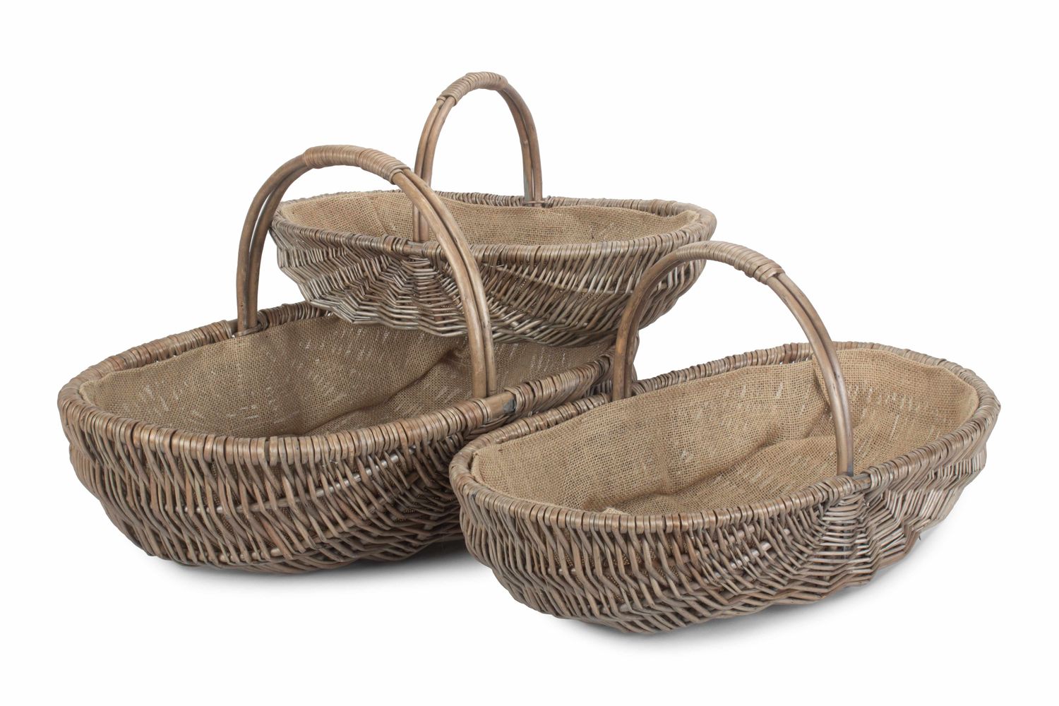 Shallow Antique Wash Lined Trug Set
Hessian Lined. Oval in Shape.  Antique Wash Finish.
Set of three.