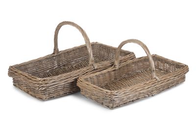 Kew Willow Garden Trug Set of Two
Recantangular in shape.  Central Handle.  Antique Wash Willow Finish.
Baskets side by side image