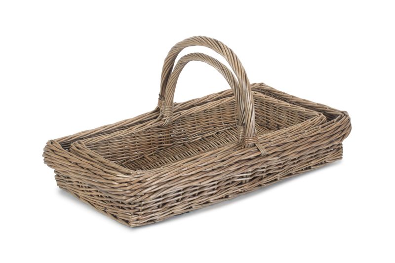 Kew Willow Garden Trug Set of Two
Recantangular in shape.  Central Handle.  Antique Wash Willow Finish.
Baskets inside each other image
