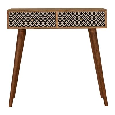 Banks Console Table.
Oak Finish Legs and surfaces.  Two Drawers with printed black and white arrow / v stacked pattern.