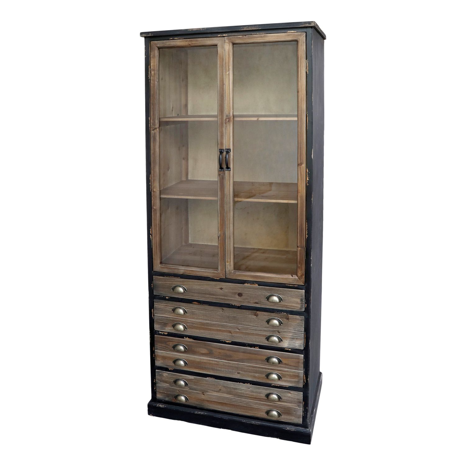 Tall Wall Unit.  Antique Black Finish with 4 wide drawers finished in recycled repurposed wood and upper two door display door cabinet with two shelves.