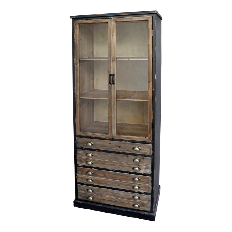 Tall Wall Unit.  Antique Black Finish with 4 wide drawers finished in recycled repurposed wood and upper two door display door cabinet with two shelves.